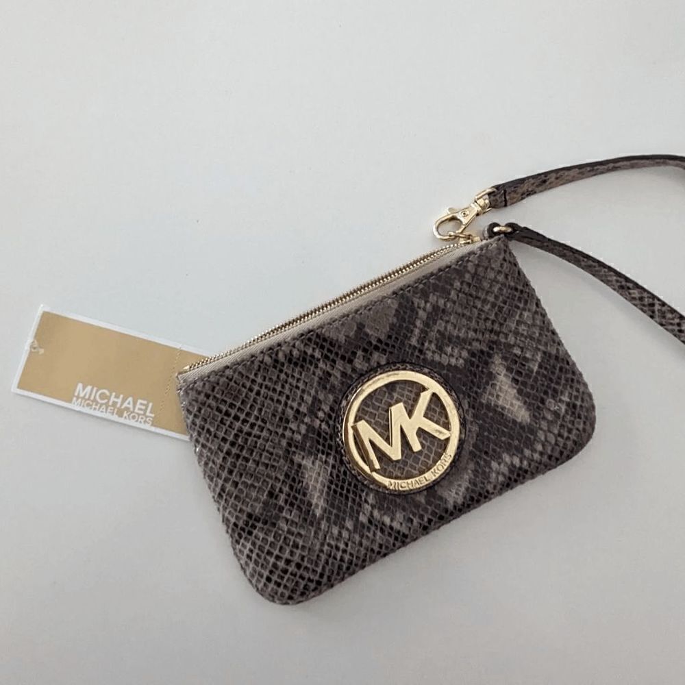 Michael Kors Wristlet Snake Skin Gold Emblem Zip Closure MK Bag 5" x 3" Animal - Picture 6 of 6